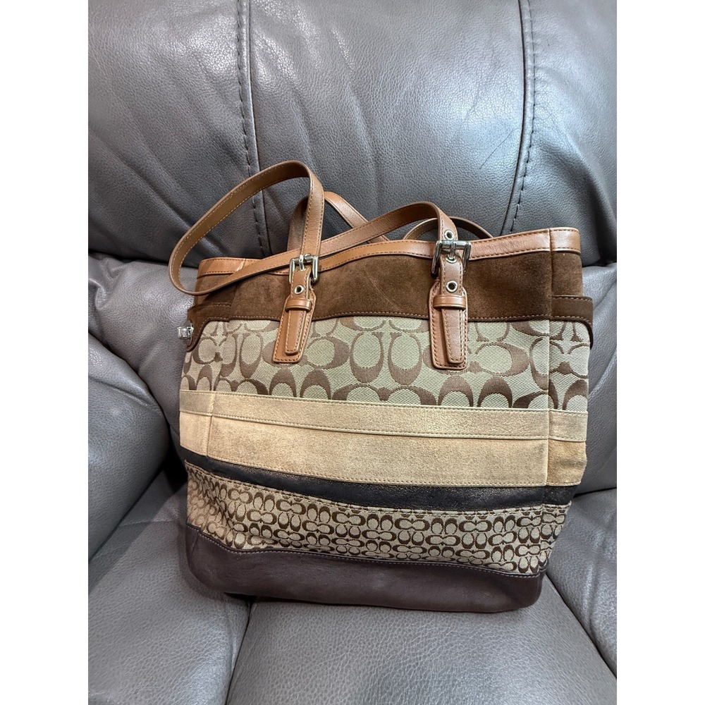 Coach Hampton Stripe Signature Jacquard Suede Leather Tote Bag Brown F11529 - Picture 4 of 8